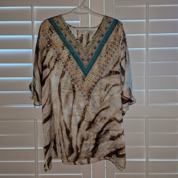 Chico's V-Neck Gem Embellished Print Teal Dolman Short Sleeve Poncho Top Shirt 4 - Picture 3 of 4